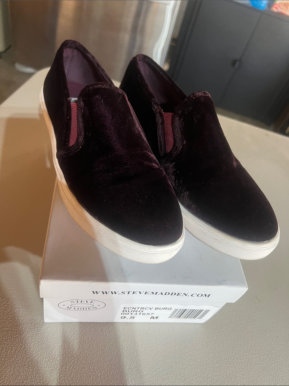 Steve Madden Velvet Slip-On Sneakers in Burgundy with White Sole